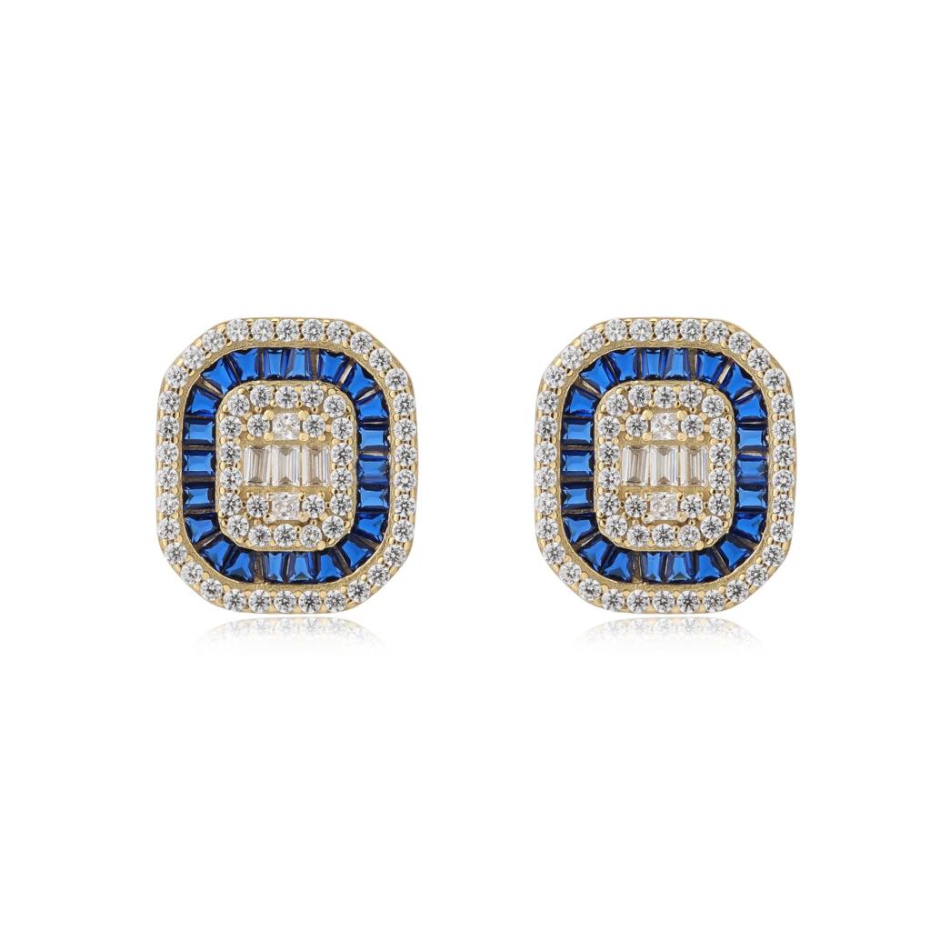 Baguette Blue and Diamond Stud