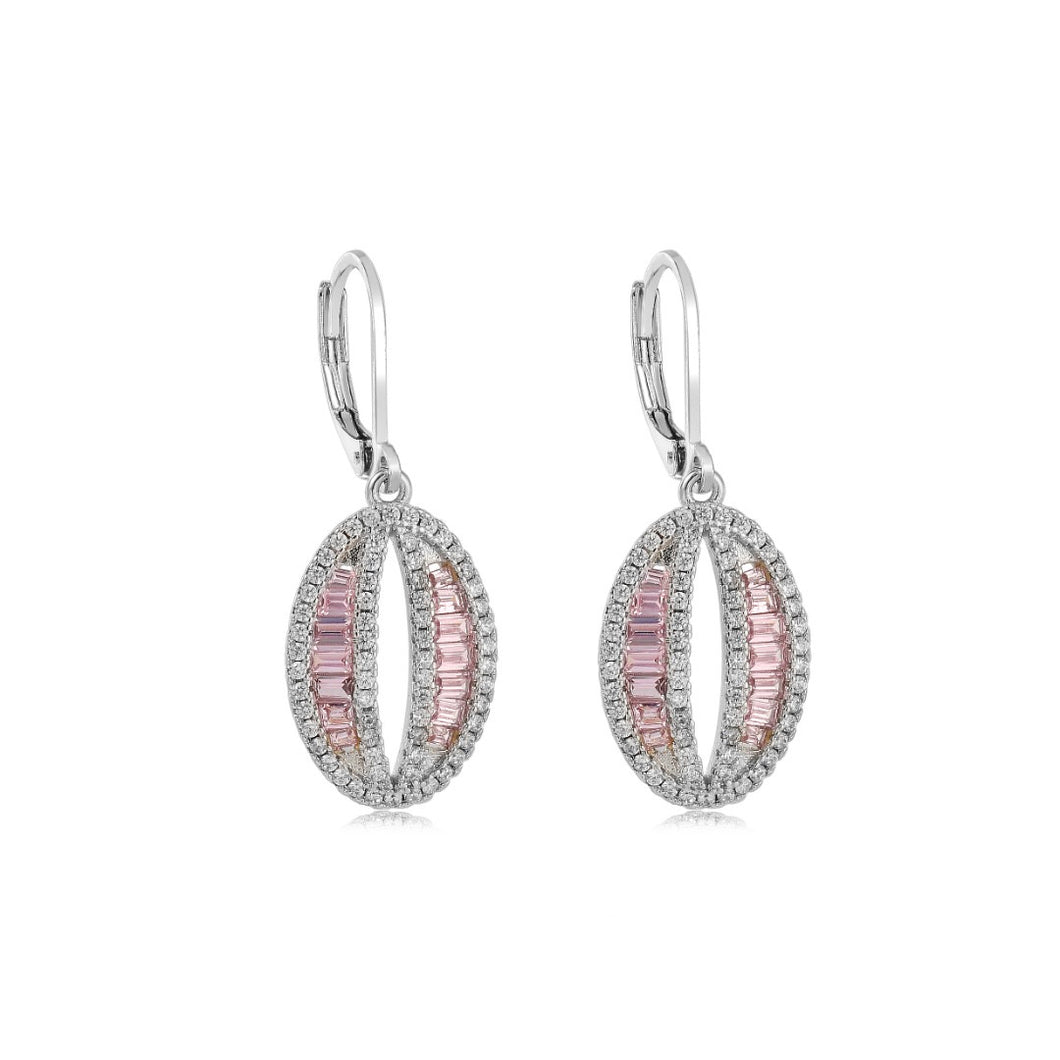 Silver and Pink Oval Lever Back Earrings